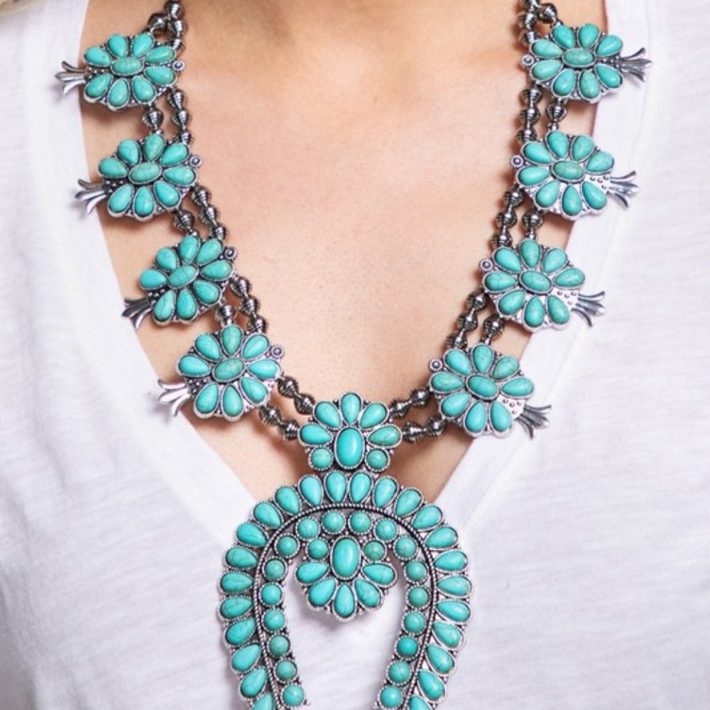 New Large Squash Blossom Natural Turquoise Stone Silver Western Necklace - Picture 2 of 5